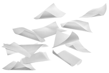 Pile blank white paper flying, sheet falls and twists isolated on white, clipping path