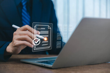 Show document management system on laptop. Managing corporate file information, document work management with technology software for archiving, document, technology, quality, file