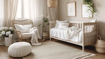 New parents decorating nursery baby arrival soft colors writing space on the left side