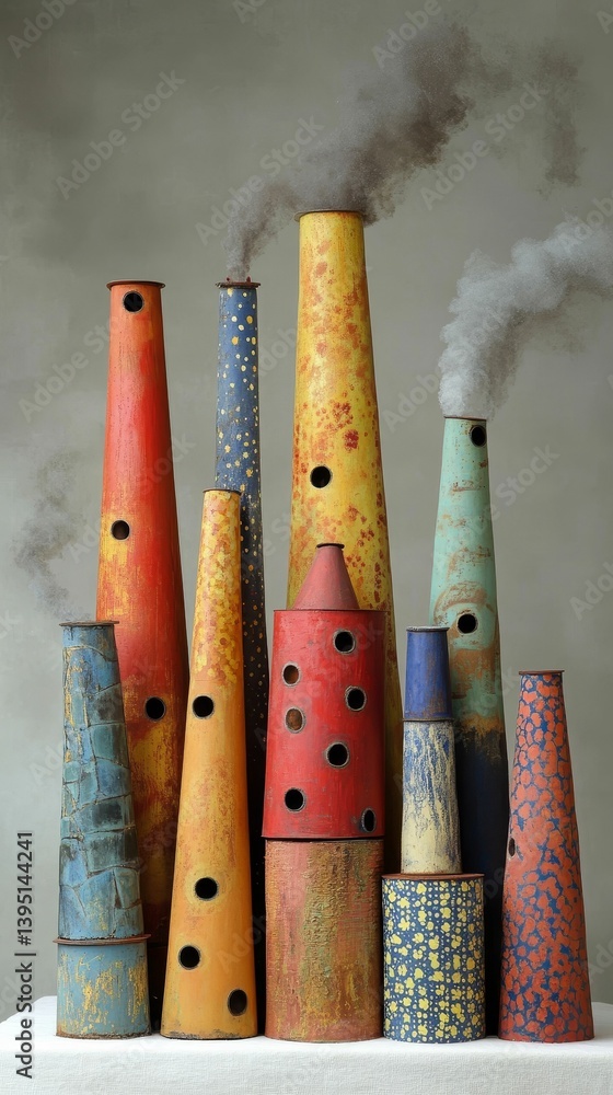 Poster colorful cone shaped objects with black dots arranged on a