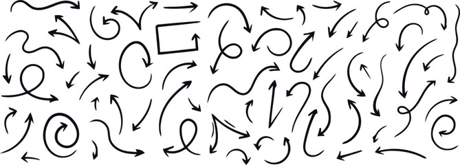 Hand Drawn Arrows Collection - Simple Flat Arrows Isolated on White Background