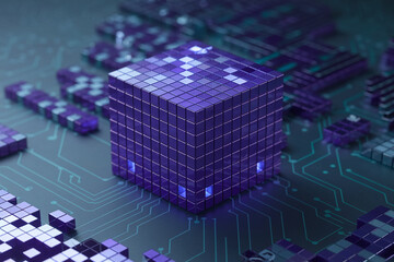 Purple cube composed of smaller cubes on a circuit board background, showcasing digital technology, innovation, and data processing concepts