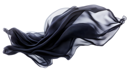 Elegant Black Silk Cloth in Movement on Transparent Background - Luxurious Textile Photography