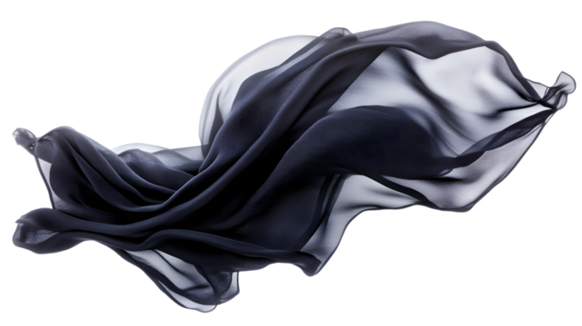 Elegant Black Silk Cloth in Movement on Transparent Background - Luxurious Textile Photography