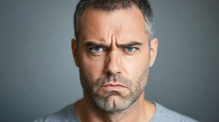 Fototapeta premium A man with a serious expression and a raised eyebrow reflects skepticism. With piercing blue eyes, he stands against a plain backdrop, evoking curiosity about his thoughts