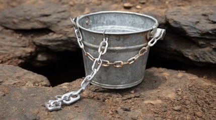 A weathered metal bucket with a chain resting on rocky ground