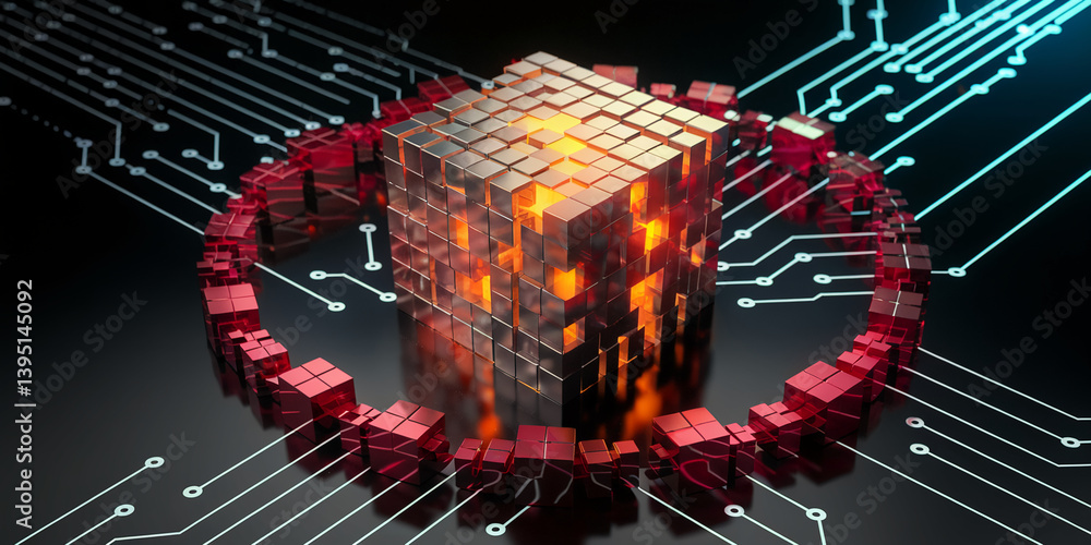 Poster glowing metallic cube composed of smaller cubes, encircled by red cubes on a circuit board, symboliz