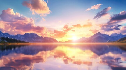 Fototapeta premium Serene Sunrise Over Tranquil Lake with Reflection and Mountains