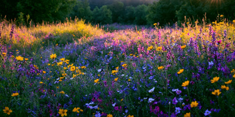 Colorful Wildflower Meadow at Sunset