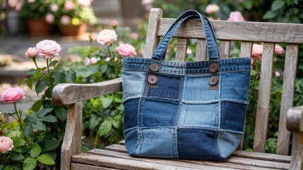 Denim bag resting on a wooden bench surrounded by blooming roses in a sunlit garden during spring