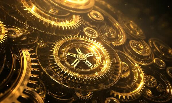 Intricate arrangement of golden gears and cogs creating a steampunk aesthetic backdrop