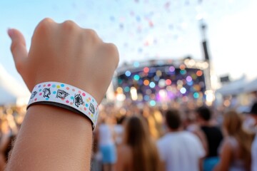 A close-up of a vibrant festival wristband against a lively crowd backdrop, symbolizing the energy and excitement of music festivals and outdoor events filled with joy.