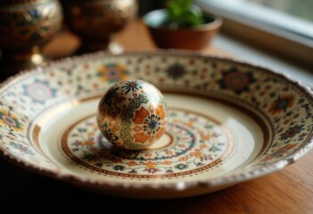 Decorative plate with an ornate design and a beautifully painted ball