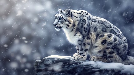 Obraz premium Stunning snow leopard perched on a grayscale mountain ledge its icy blue eyes and rosette patterned fur glowing in the cold wilderness