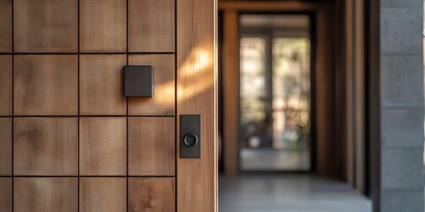 Modern Wooden Door with Minimalist Handle and Warm Lighting