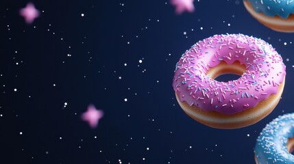 neon donut packaging, the template features d neon-drenched donuts floating in a starry gradient background, perfect for modern packaging
