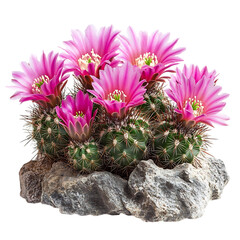 Blooming Hedgehog Cactus with Pink Flowers Isolated on Transparent Background