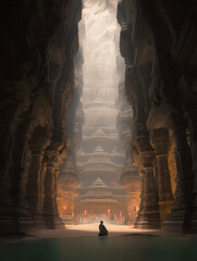 a man walking in an ancient temple