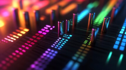 Colorful, glowing audio equalizer interface with vibrant lights and metallic sliders.