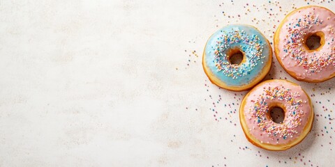 donut watercolor painting, hand-painted donuts in watercolor with vibrant icing and sprinkles on a textured paper background, with a light wash for customizable text