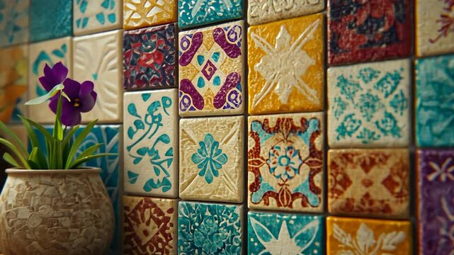 Colorful patterned tiles wall with small plant