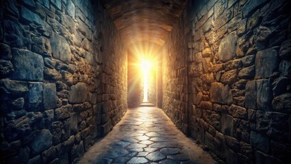 A beam of light illuminates a narrow, dark passageway, casting an ethereal glow on the surrounding stone walls and dusty debris , abandoned passage, light shining brightly through dark tunnel