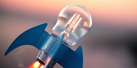 Lit lightbulb mounted on blue rocket, launching upwards against a blurred sunset backdrop, symbolizing innovative ideas and successful takeoff