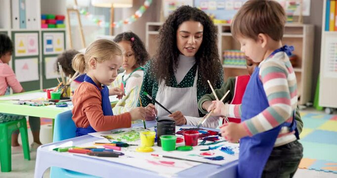 Painting, teacher and children with woman, care and creativity in classroom, growth and development. Education, teaching and kids with color for artwork, students and learning with smile in preschool