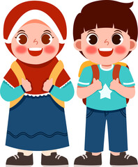 Smiling Children in School Uniforms with Backpacks, Ready for Class