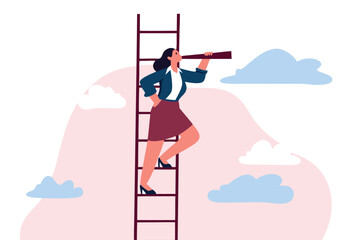 Career opportunity, business success vision or searching for new job, leadership visionary, looking for goal, future or business discovery concept, businesswoman climb up ladder looking on telescope.
