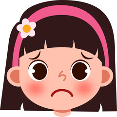 Sad Girl Cartoon Face with Pink Headband and Flower