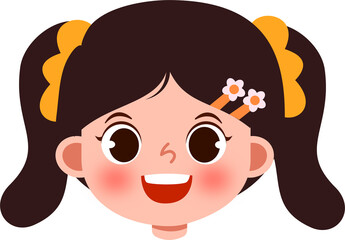 Joyful Girl's Face with Orange Hair Bows and Flower Hairpins