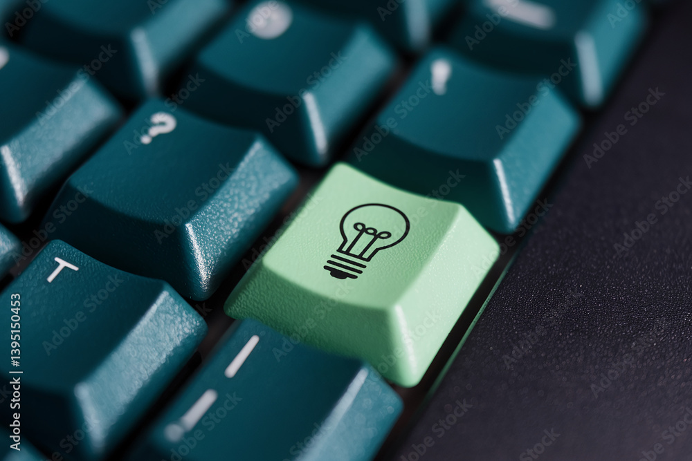 Fototapete close-up of teal keyboard with single lightbulb key, symbolizing ideas, innovation, and digital solu