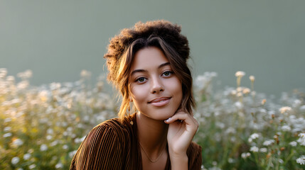 A young woman in a field of wildflowers