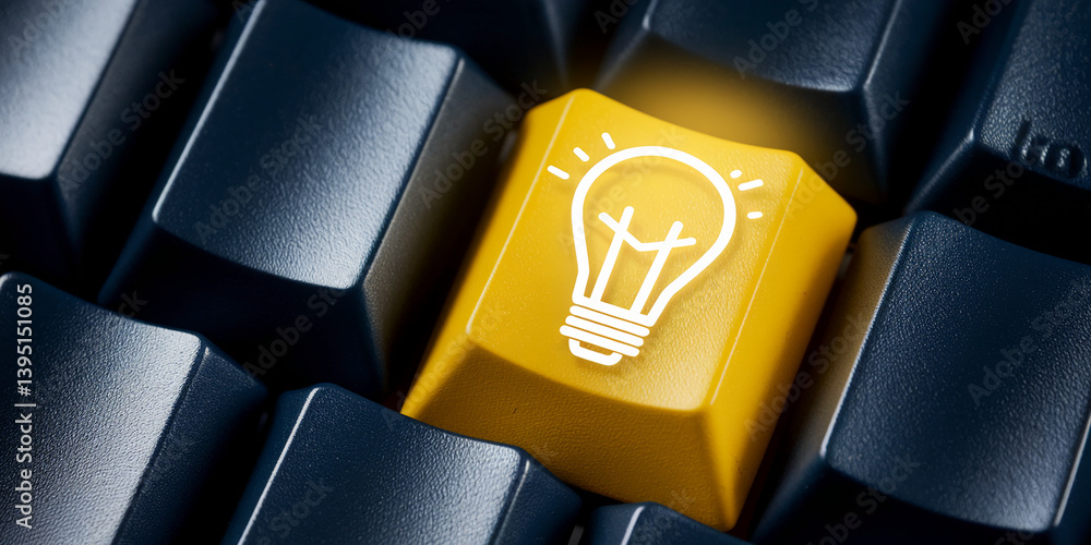 Poster close-up of yellow keyboard key with a lightbulb icon, surrounded by dark-blue keys. represents idea