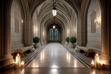 Obraz premium A gothic stone corridor lit by emergency torches and dark safety runes on the wall