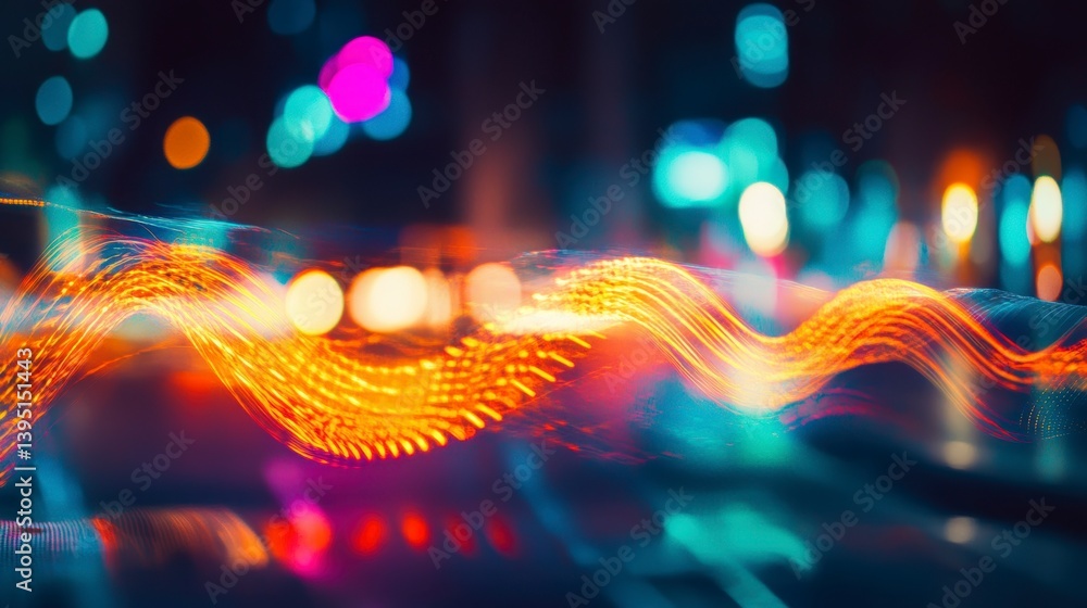 Poster abstract glowing wave of light and energy with bokeh city lights background.
