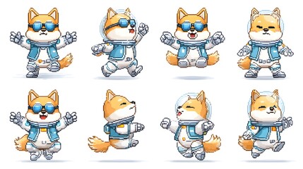 Obraz premium Shiba inu jetpack adventure fantasy world pixel art 2d animation playful concept