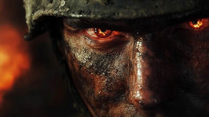 Obraz premium Soldier in helmet with glowing eyes and tears in a