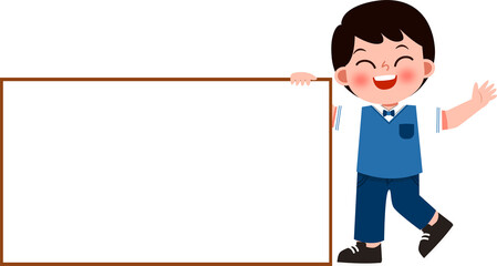 Joyful Schoolboy Holding Large Blank Signboard