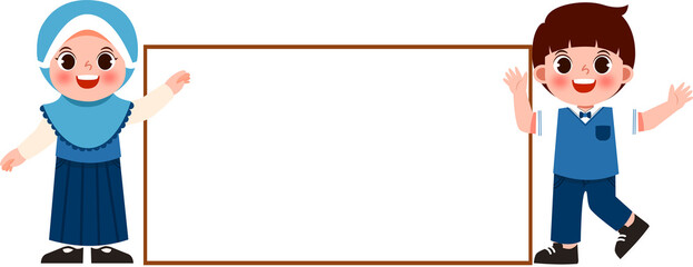 Smiling Children Presenting Blank Sign, School Uniform