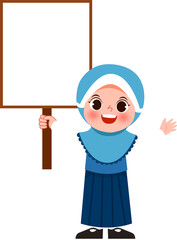 Smiling Girl in Hijab Holding Blank Signboard, Cheerful Announcement