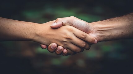 Hands shaking in a forest, showing partnership and trust