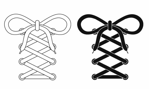 Stylized vector icon of knotted shoelaces in a bow tie shape, ideal for fashion, sneakers, shoes, and footwear design. Includes black and outline versions