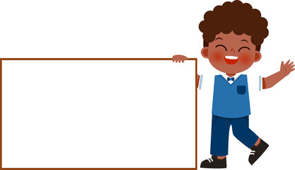 Joyful Boy in Uniform Holding Blank Rectangular Sign