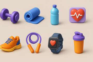 Fitness and wellness icons set in 3d style: heart rate, dumbbell, water bottle, more