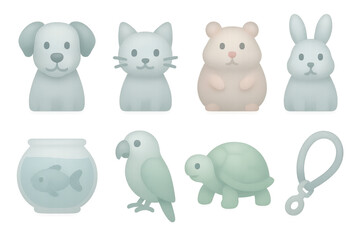 Obraz premium Frosted pet icons set - cute 3d collection featuring cats, dogs, and small animals