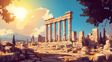 Obraz premium Ancient ruins under a bright sun. Ruined Relics. Illustration