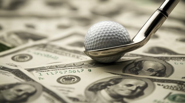 Golf ball on a golf club resting on US dollar bills. - Powered by Adobe