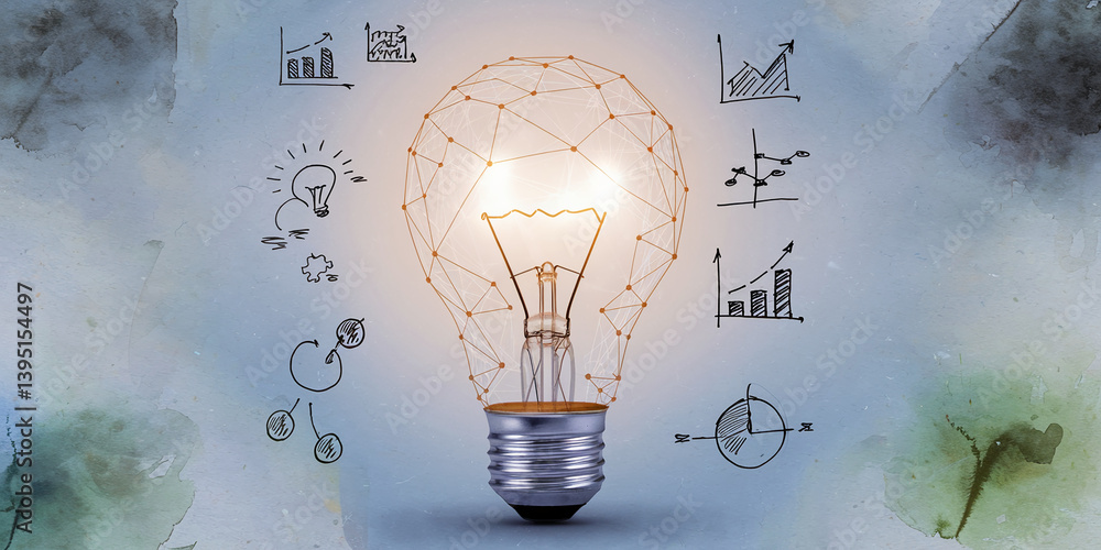Poster illuminated lightbulb with geometric pattern, surrounded by hand-drawn charts and graphs, showcasing
